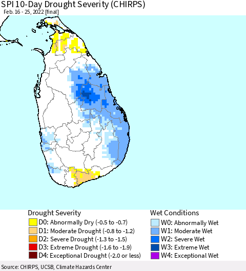 Sri Lanka SPI 10-Day Drought Severity (CHIRPS) Thematic Map For 2/16/2022 - 2/25/2022