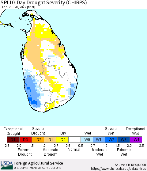Sri Lanka SPI 10-Day Drought Severity (CHIRPS) Thematic Map For 2/21/2022 - 2/28/2022