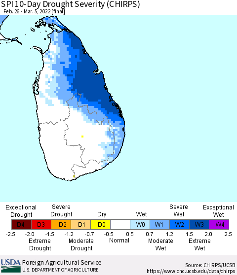 Sri Lanka SPI 10-Day Drought Severity (CHIRPS) Thematic Map For 2/26/2022 - 3/5/2022