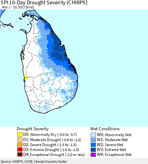 Sri Lanka SPI 10-Day Drought Severity (CHIRPS) Thematic Map For 3/1/2022 - 3/10/2022