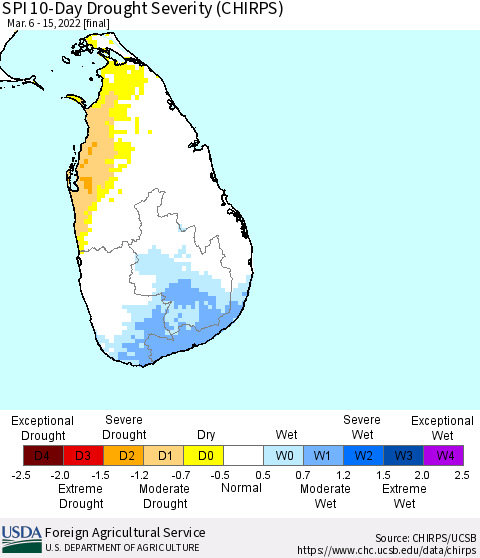 Sri Lanka SPI 10-Day Drought Severity (CHIRPS) Thematic Map For 3/6/2022 - 3/15/2022