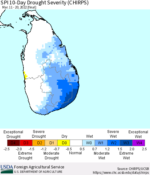 Sri Lanka SPI 10-Day Drought Severity (CHIRPS) Thematic Map For 3/11/2022 - 3/20/2022
