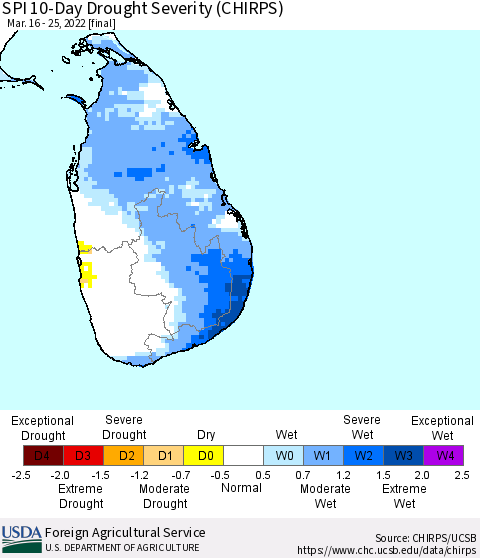 Sri Lanka SPI 10-Day Drought Severity (CHIRPS) Thematic Map For 3/16/2022 - 3/25/2022