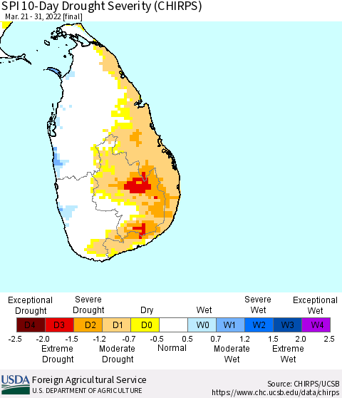 Sri Lanka SPI 10-Day Drought Severity (CHIRPS) Thematic Map For 3/21/2022 - 3/31/2022