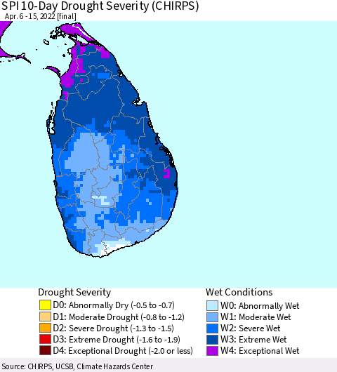 Sri Lanka SPI 10-Day Drought Severity (CHIRPS) Thematic Map For 4/6/2022 - 4/15/2022