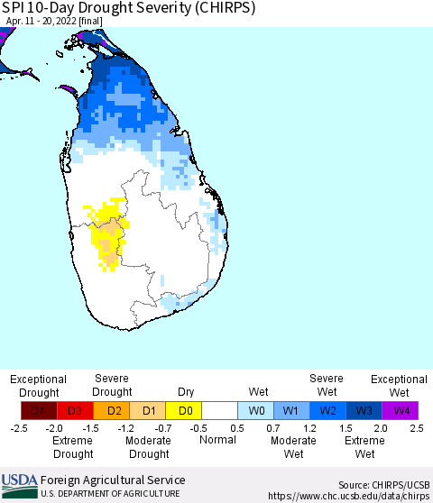 Sri Lanka SPI 10-Day Drought Severity (CHIRPS) Thematic Map For 4/11/2022 - 4/20/2022