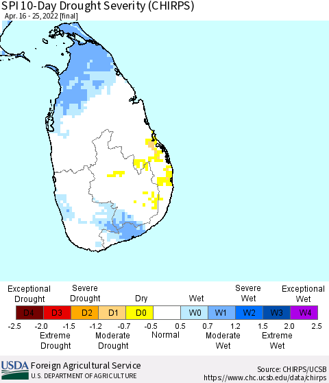 Sri Lanka SPI 10-Day Drought Severity (CHIRPS) Thematic Map For 4/16/2022 - 4/25/2022