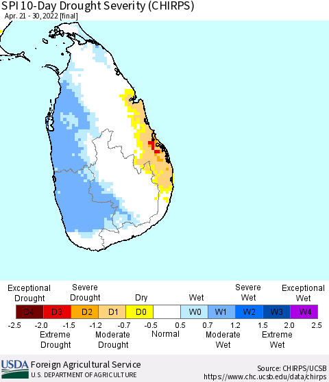 Sri Lanka SPI 10-Day Drought Severity (CHIRPS) Thematic Map For 4/21/2022 - 4/30/2022