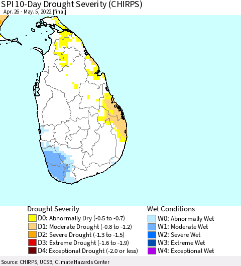 Sri Lanka SPI 10-Day Drought Severity (CHIRPS) Thematic Map For 4/26/2022 - 5/5/2022