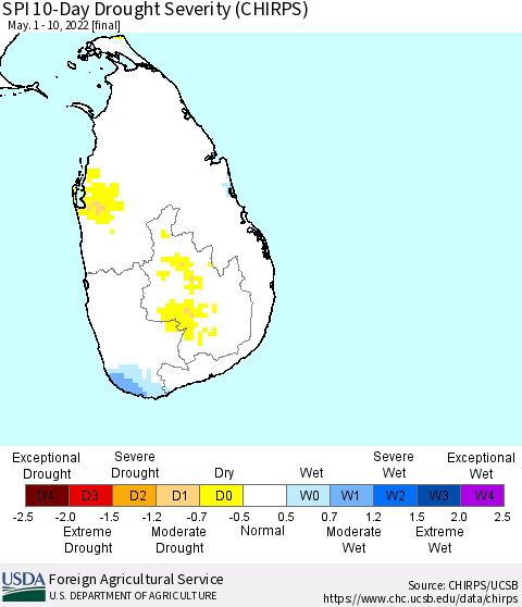 Sri Lanka SPI 10-Day Drought Severity (CHIRPS) Thematic Map For 5/1/2022 - 5/10/2022
