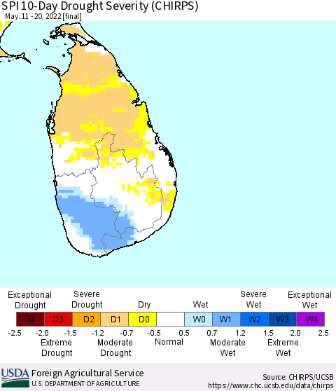 Sri Lanka SPI 10-Day Drought Severity (CHIRPS) Thematic Map For 5/11/2022 - 5/20/2022