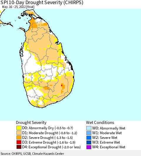 Sri Lanka SPI 10-Day Drought Severity (CHIRPS) Thematic Map For 5/16/2022 - 5/25/2022