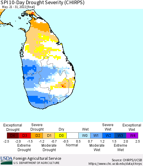 Sri Lanka SPI 10-Day Drought Severity (CHIRPS) Thematic Map For 5/21/2022 - 5/31/2022