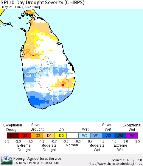 Sri Lanka SPI 10-Day Drought Severity (CHIRPS) Thematic Map For 5/26/2022 - 6/5/2022