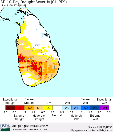 Sri Lanka SPI 10-Day Drought Severity (CHIRPS) Thematic Map For 6/1/2022 - 6/10/2022