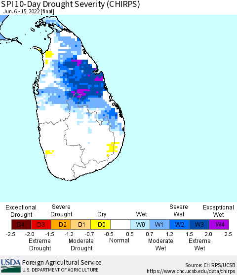 Sri Lanka SPI 10-Day Drought Severity (CHIRPS) Thematic Map For 6/6/2022 - 6/15/2022