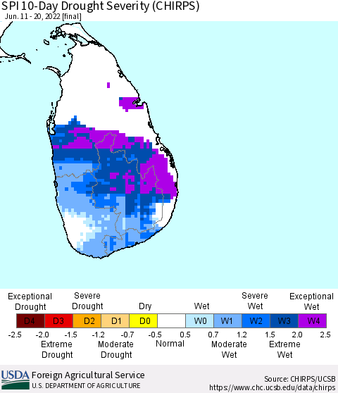Sri Lanka SPI 10-Day Drought Severity (CHIRPS) Thematic Map For 6/11/2022 - 6/20/2022