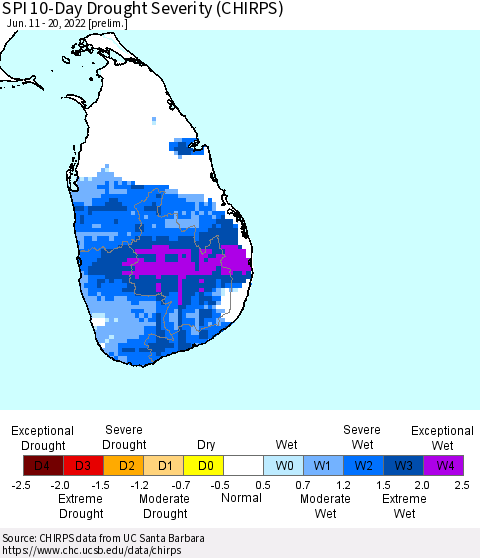 Sri Lanka SPI 10-Day Drought Severity (CHIRPS) Thematic Map For 6/11/2022 - 6/20/2022