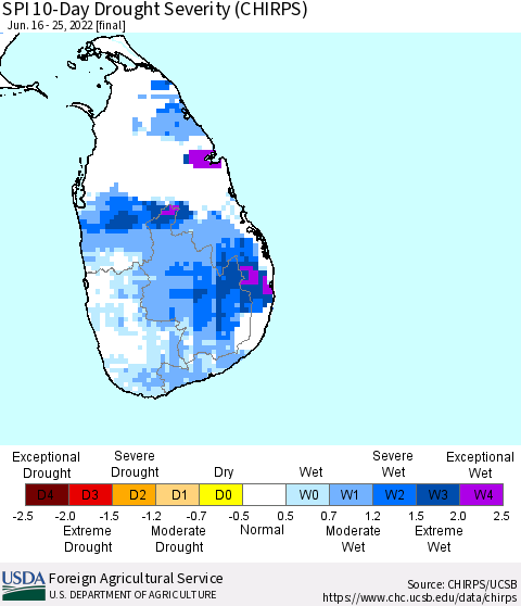 Sri Lanka SPI 10-Day Drought Severity (CHIRPS) Thematic Map For 6/16/2022 - 6/25/2022