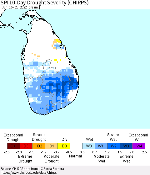 Sri Lanka SPI 10-Day Drought Severity (CHIRPS) Thematic Map For 6/16/2022 - 6/25/2022