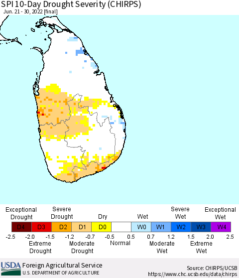 Sri Lanka SPI 10-Day Drought Severity (CHIRPS) Thematic Map For 6/21/2022 - 6/30/2022