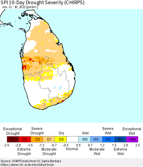 Sri Lanka SPI 10-Day Drought Severity (CHIRPS) Thematic Map For 6/21/2022 - 6/30/2022