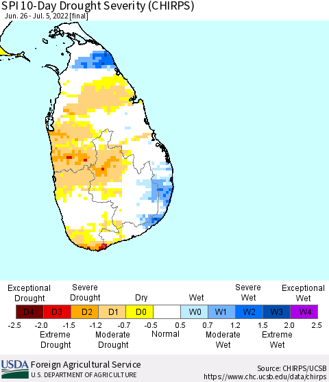 Sri Lanka SPI 10-Day Drought Severity (CHIRPS) Thematic Map For 6/26/2022 - 7/5/2022