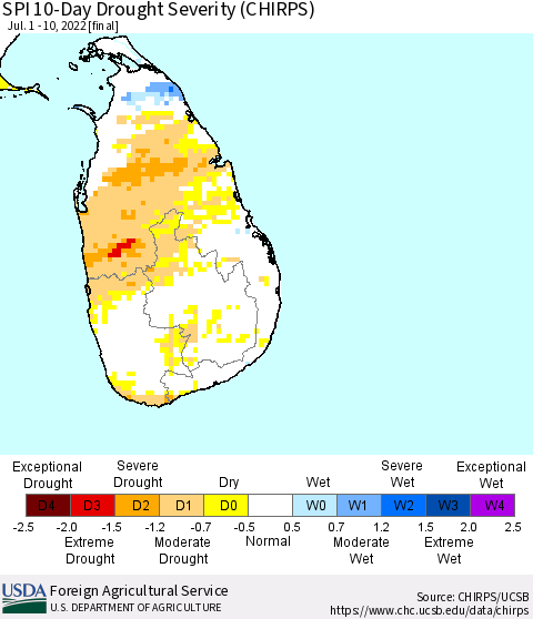 Sri Lanka SPI 10-Day Drought Severity (CHIRPS) Thematic Map For 7/1/2022 - 7/10/2022