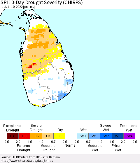 Sri Lanka SPI 10-Day Drought Severity (CHIRPS) Thematic Map For 7/1/2022 - 7/10/2022