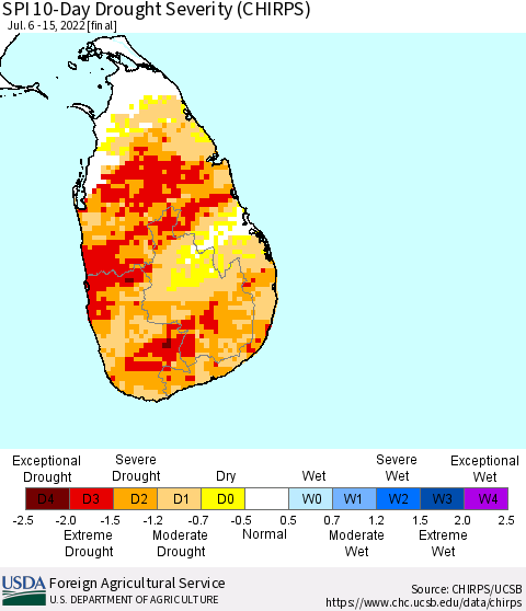 Sri Lanka SPI 10-Day Drought Severity (CHIRPS) Thematic Map For 7/6/2022 - 7/15/2022