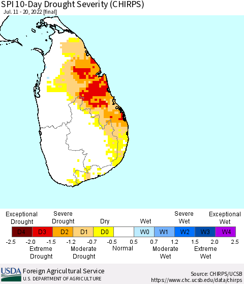 Sri Lanka SPI 10-Day Drought Severity (CHIRPS) Thematic Map For 7/11/2022 - 7/20/2022