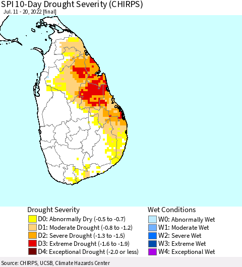 Sri Lanka SPI 10-Day Drought Severity (CHIRPS) Thematic Map For 7/11/2022 - 7/20/2022