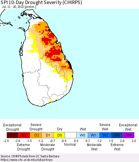 Sri Lanka SPI 10-Day Drought Severity (CHIRPS) Thematic Map For 7/11/2022 - 7/20/2022