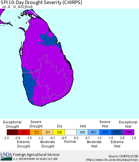 Sri Lanka SPI 10-Day Drought Severity (CHIRPS) Thematic Map For 7/21/2022 - 7/31/2022