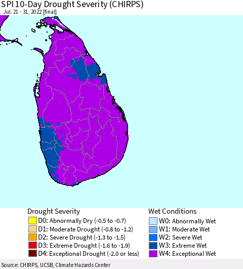 Sri Lanka SPI 10-Day Drought Severity (CHIRPS) Thematic Map For 7/21/2022 - 7/31/2022