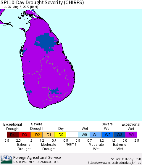 Sri Lanka SPI 10-Day Drought Severity (CHIRPS) Thematic Map For 7/26/2022 - 8/5/2022