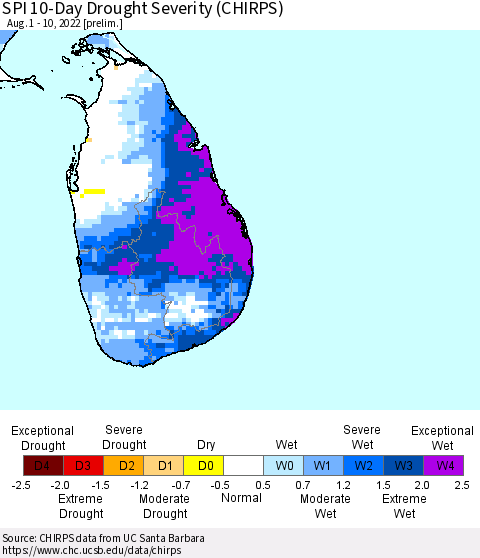 Sri Lanka SPI 10-Day Drought Severity (CHIRPS) Thematic Map For 8/1/2022 - 8/10/2022