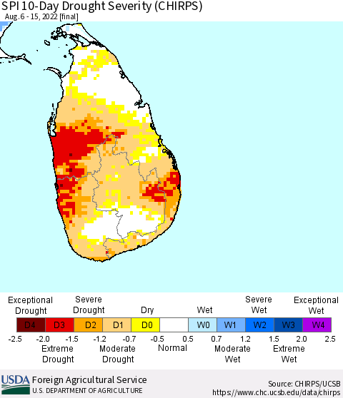 Sri Lanka SPI 10-Day Drought Severity (CHIRPS) Thematic Map For 8/6/2022 - 8/15/2022