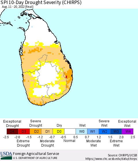 Sri Lanka SPI 10-Day Drought Severity (CHIRPS) Thematic Map For 8/11/2022 - 8/20/2022