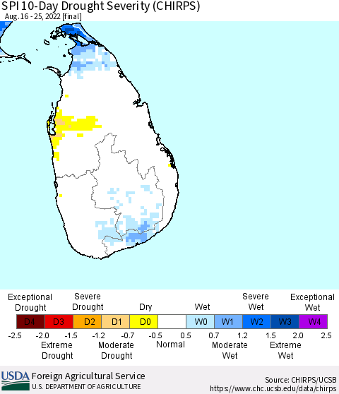 Sri Lanka SPI 10-Day Drought Severity (CHIRPS) Thematic Map For 8/16/2022 - 8/25/2022