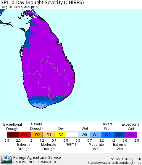 Sri Lanka SPI 10-Day Drought Severity (CHIRPS) Thematic Map For 8/26/2022 - 9/5/2022