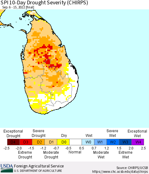 Sri Lanka SPI 10-Day Drought Severity (CHIRPS) Thematic Map For 9/6/2022 - 9/15/2022