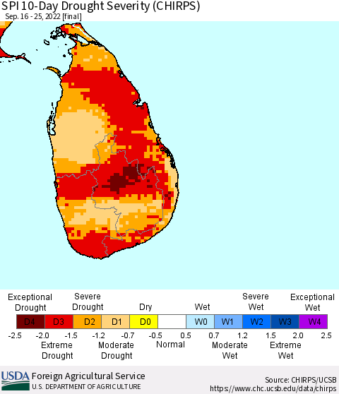 Sri Lanka SPI 10-Day Drought Severity (CHIRPS) Thematic Map For 9/16/2022 - 9/25/2022