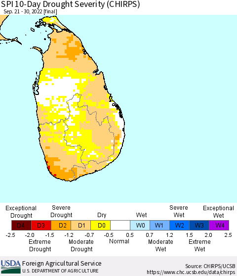 Sri Lanka SPI 10-Day Drought Severity (CHIRPS) Thematic Map For 9/21/2022 - 9/30/2022
