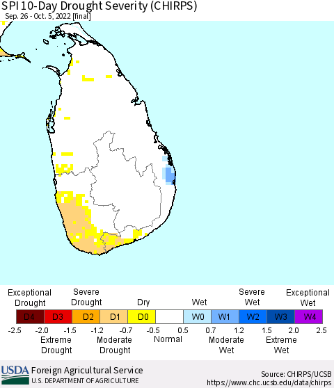 Sri Lanka SPI 10-Day Drought Severity (CHIRPS) Thematic Map For 9/26/2022 - 10/5/2022
