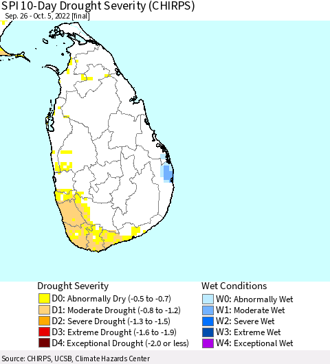 Sri Lanka SPI 10-Day Drought Severity (CHIRPS) Thematic Map For 9/26/2022 - 10/5/2022