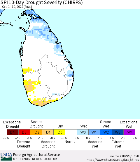 Sri Lanka SPI 10-Day Drought Severity (CHIRPS) Thematic Map For 10/1/2022 - 10/10/2022