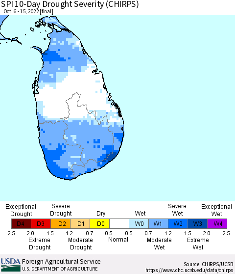 Sri Lanka SPI 10-Day Drought Severity (CHIRPS) Thematic Map For 10/6/2022 - 10/15/2022