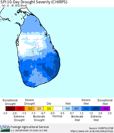 Sri Lanka SPI 10-Day Drought Severity (CHIRPS) Thematic Map For 10/11/2022 - 10/20/2022