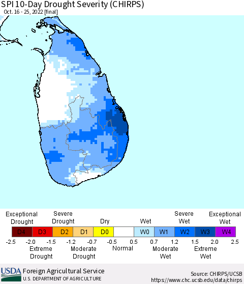 Sri Lanka SPI 10-Day Drought Severity (CHIRPS) Thematic Map For 10/16/2022 - 10/25/2022